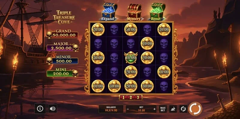 Triple Treasure Cove - Glavni ekran sa kolutima i gusarskim zalivom